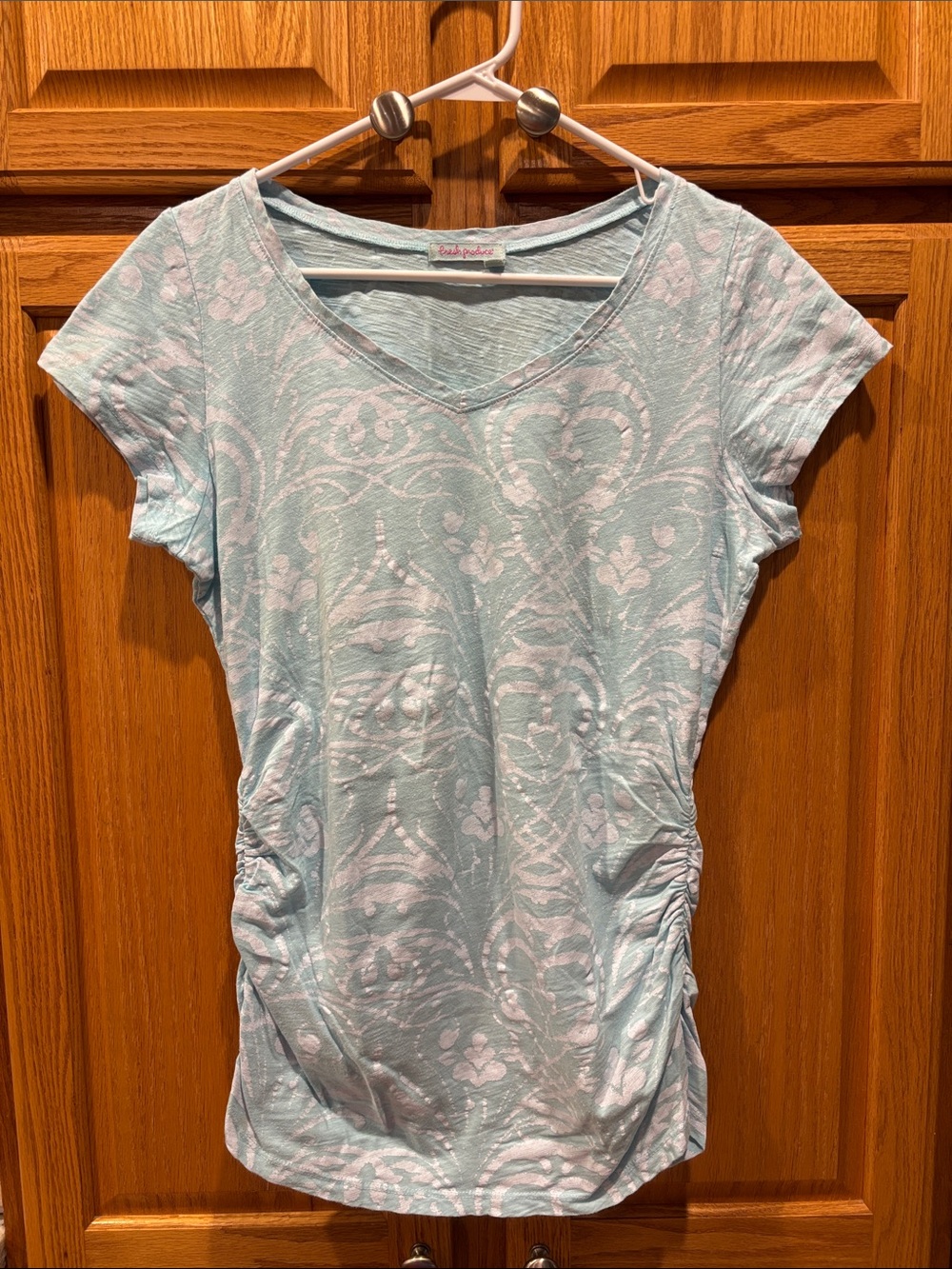 fresh produce Light Blue Short Sleeve V-Neck Cotton T  with Ruched Sides-Size M-